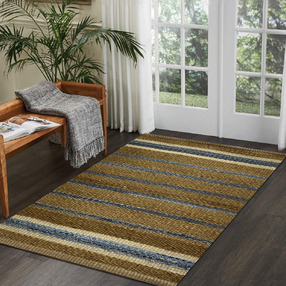 Handmade Blue and Beige Cotton Striped 5' x 7' Rug
