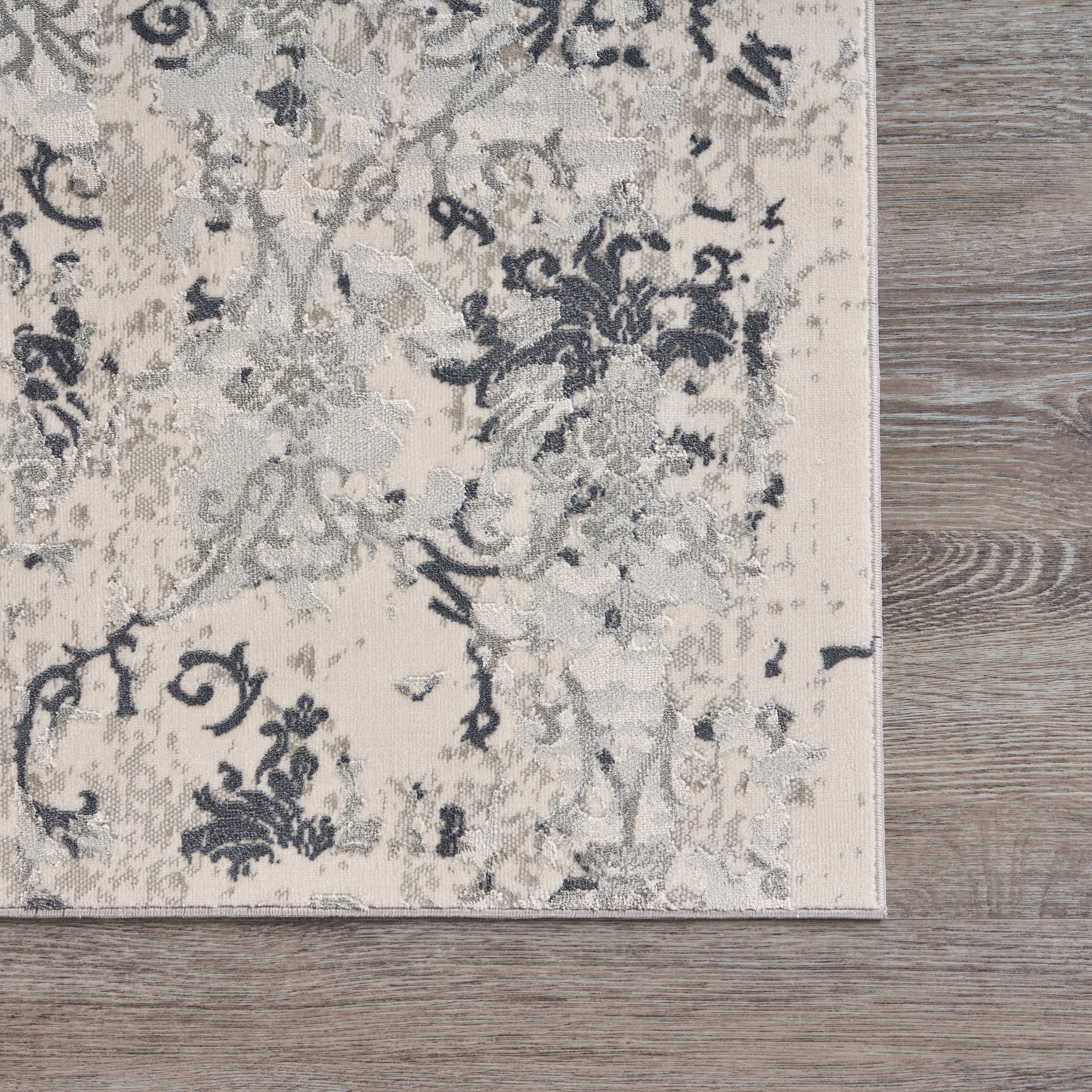 LR Home Neutral Distressed Damask Accent Rug, Cream / Gray, 1'10" x 3'