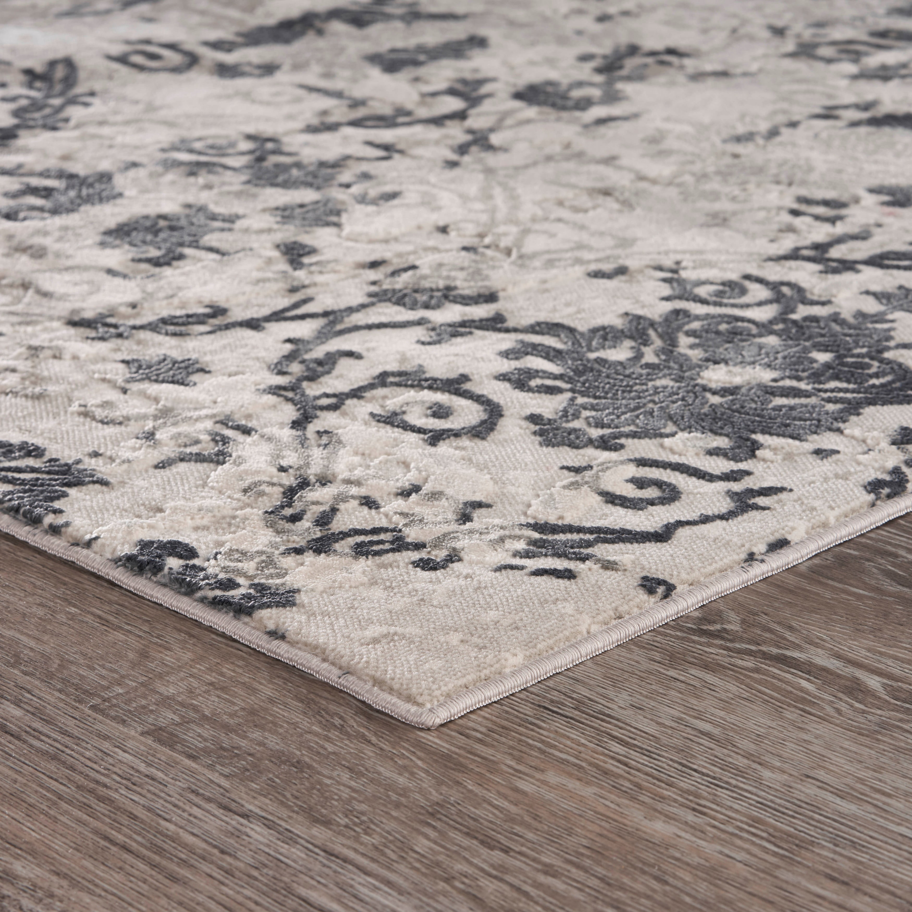 LR Home Neutral Distressed Damask Accent Rug, Cream / Gray, 1'10" x 3'