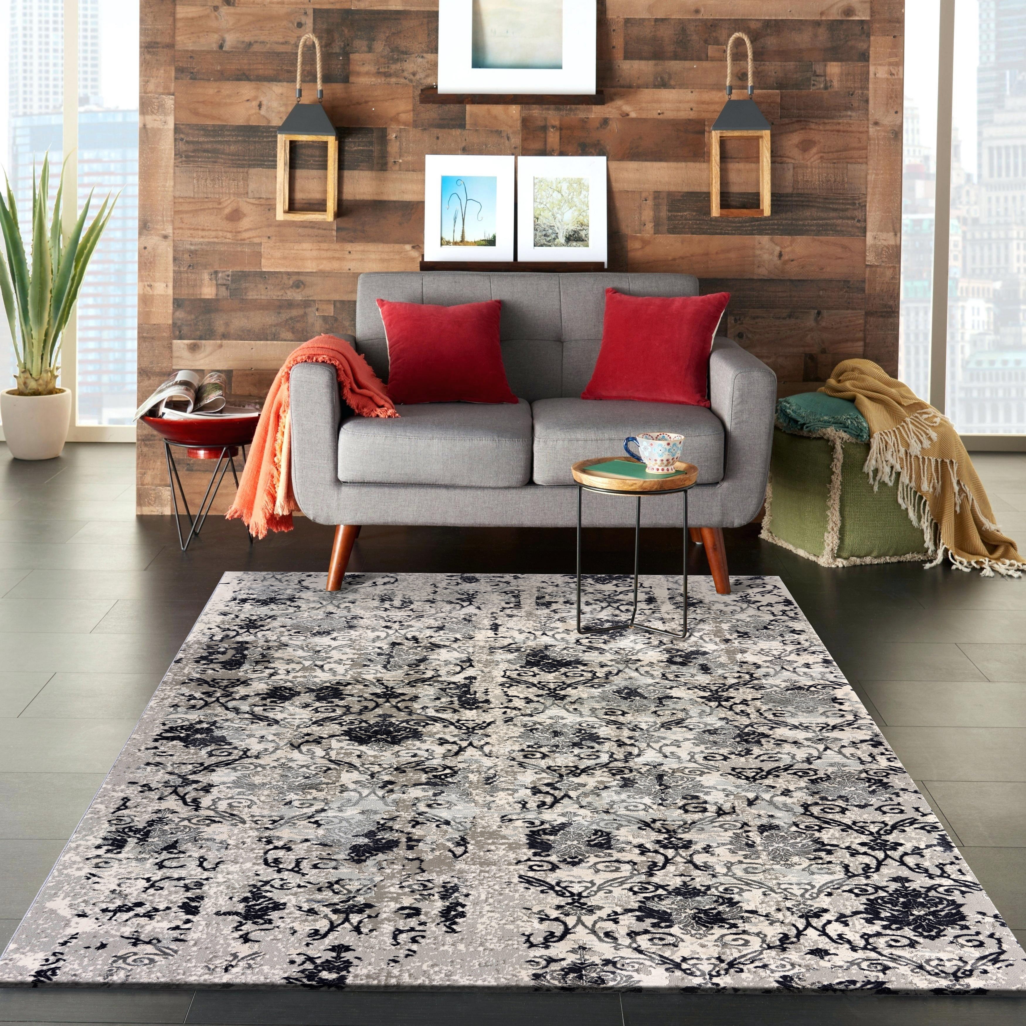 LR Home Neutral Distressed Damask Accent Rug, Cream / Gray, 1'10" x 3'