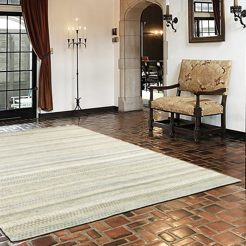 Lr Home Sobek Off-White Stripes 10 Feet x 14 Feet Hand Knotted Area Rug