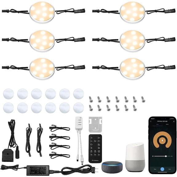 6 Pack Alexa Remote APP Control, Smart LED Puck Lights, Under Cabinet Lights(Warm White)