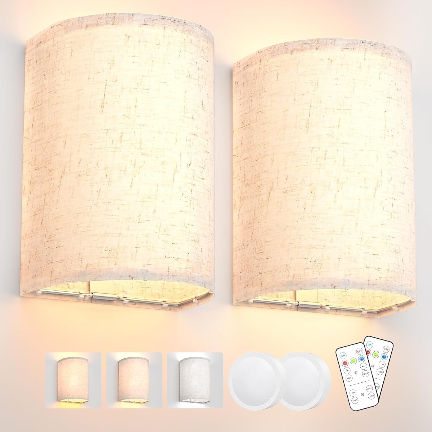 Battery Operated Wall Lights with Remote Control - 2 Pack ,3-Color Dimmable Fabric Shade Sconces for Farmhouse Decor, Wireless Wall Lamps (2700K-6000K, Energy Class E)