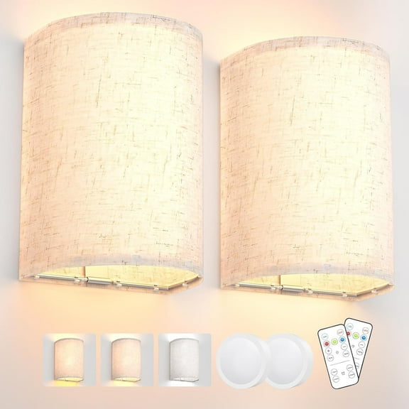Battery Operated Wall Lights with Remote Control - 2 Pack ,3-Color Dimmable Fabric Shade Sconces for Farmhouse Decor, Wireless Wall Lamps (2700K-6000K, Energy Class E)