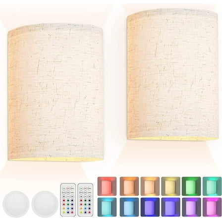 Lrlite Dimmable 2-Light LED Fabric Linen Shade Bedroom Battery Operated Wall Sconces (2 Count)