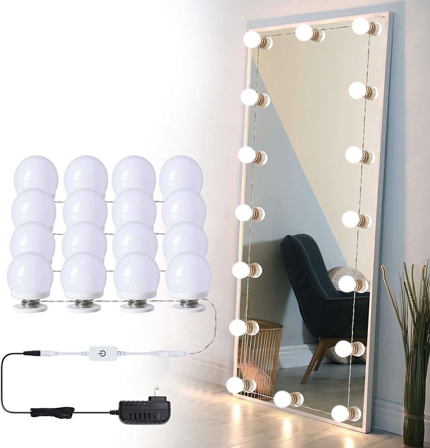 Hollywood Vanity Mirror Lights - 16 Dimmable LED Bulbs, Plug-in Makeup Lighting for Dressing Room & Makeup Table