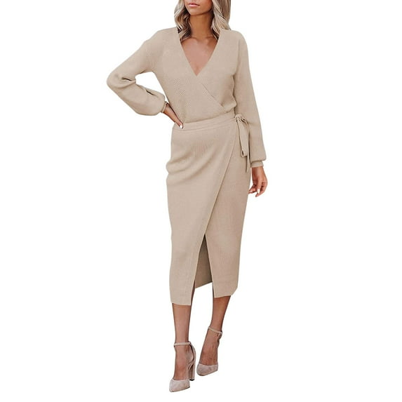 Lroplie Dresses for Women 2024 Wrap V Neck Long Sleeve Sweater Tie Waist Bodycon Knit Midi Elegant Womens Dress Brown S