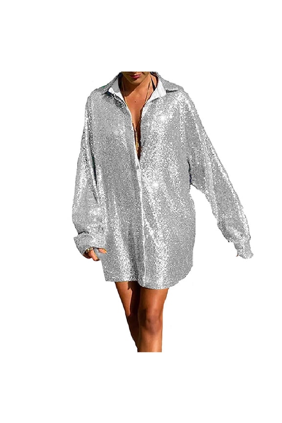 Going Out Tops for Women V-Neck Long Sleeve Womens Shirt V Neck Loose Sequin Soild Fold Navel Long Blouse Clothes Silver 2023 L