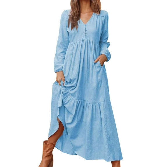 Lroplie Maxi Dress for Women Autumn Button Cotton Retro Casual Long Sleeve Womens Dress Blue 2023 M