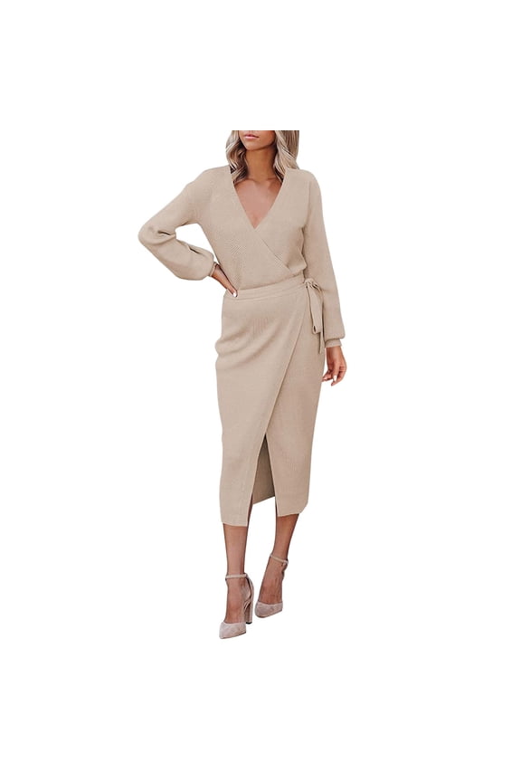 Women's Casual Dresses Wrap V Neck Long Sleeve Sweater Tie Waist Bodycon Knit Midi Elegant Dress for Women Brown 2024 XXL