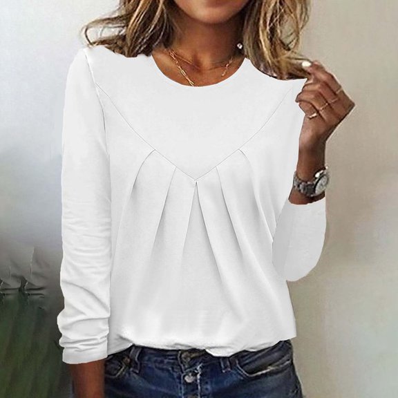 Lroplie Womens Shirt Womens Tops Long Sleeve Undershirt Solid Travel Cute Tops O Neck Slim Fit Tshirts Shirts Blouse Going Out Tops for Women White 2023 M