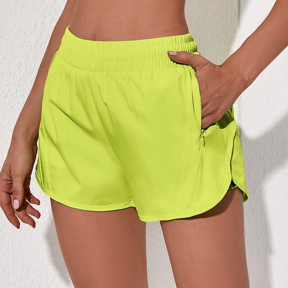 Lroveb Athletic Shorts for Women, Casual Workout Gym Shorts Womens Running Shorts With Zipper Pockets High Waisted Women Yellow