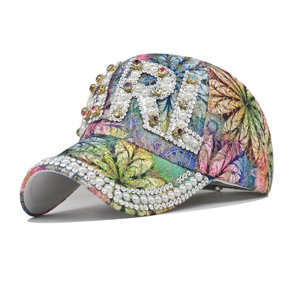 Lroveb Baseball Caps for Women Female Summer Casual Flash Drill Floral Print Adjustable Hat Visors Star Visor Hat
