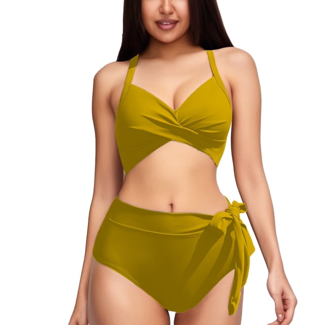CUPSHE Women's High Waisted Bikini Set - Cut Out Top, Crisscross Back, Shirring Bottom, Floral Print