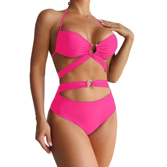 Lroveb Bikini Sets for Women Solid Color Split Swimsuit With Straps Metal Fist Accessories Neck Hanging 2 Piece Swimsuit