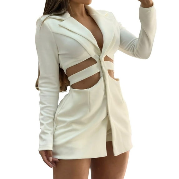 Lroveb Blazer Dress for Women Casual Suit Sets With Hollow Waist Lapel Long Sleeve And Shorts Formal Dresses