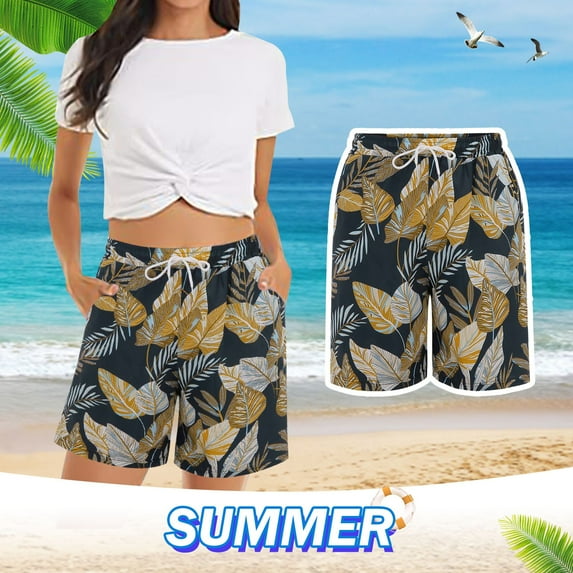 Lroveb Board Shorts for Women, Summer Casual Beach Shorts, Womens Shorts Comfy Elastic Waist Floral Print With 2 Pockets Black