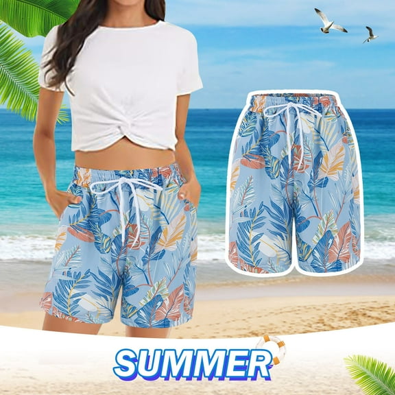 Lroveb Board Shorts for Women, Summer Casual Beach Shorts, Womens Shorts Comfy Elastic Waist Floral Print With 2 Pockets Blue