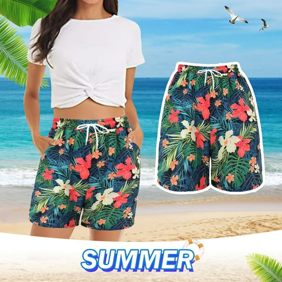 Lroveb Board Shorts for Women, Summer Casual Beach Shorts, Womens Shorts Comfy Elastic Waist Floral Print With 2 Pockets Green