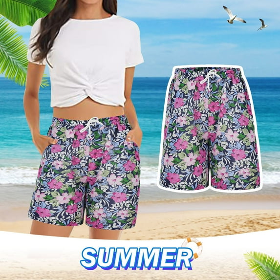 Lroveb Board Shorts for Women, Summer Casual Beach Shorts, Womens Shorts Comfy Elastic Waist Floral Print With 2 Pockets Red