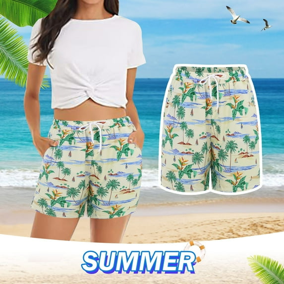 Lroveb Board Shorts for Women, Summer Casual Beach Shorts, Womens Shorts Comfy Elastic Waist Floral Print With 2 Pockets Yellow