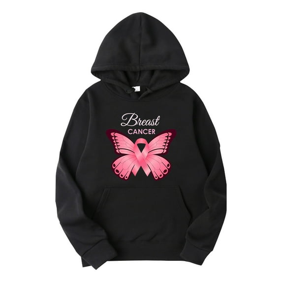 Lroveb Breast Cancer Awareness Hoodies for Women Long Sleeve Loose Solid Color Printing Hoodie Sweater Pink Ribbon Graphic Sweatshirt Black