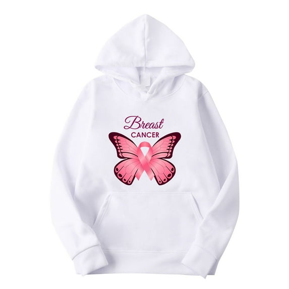 Lroveb Breast Cancer Awareness Hoodies for Women Long Sleeve Loose Solid Color Printing Hoodie Sweater Pink Ribbon Graphic Sweatshirt White