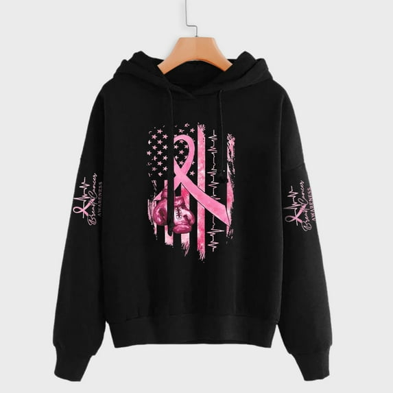 Lroveb Breast Cancer Awareness Hoodies for Women Long Sleeved Pink Ribbon Graphic Sweatshirt Drawstring Hooded Oversized Pullover Black