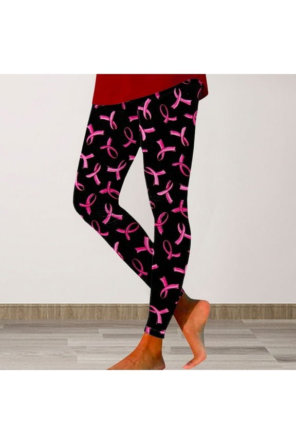 Breast Cancer Awareness Leggings for Women Pink Ribbon Print High Waisted Stretch Yoga Leggings Black