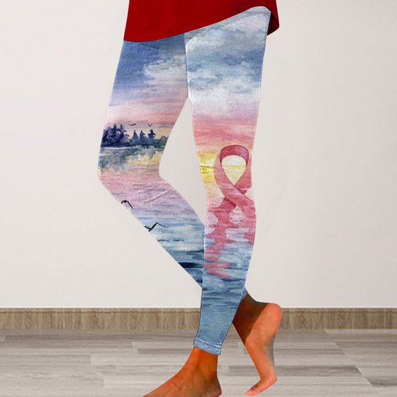 Lroveb Breast Cancer Awareness Leggings for Women Pink Ribbon Print High Waisted Stretch Yoga Leggings Blue