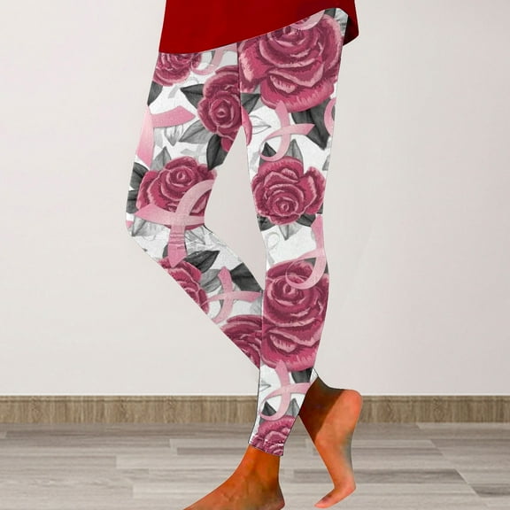 Lroveb Breast Cancer Awareness Leggings for Women Pink Ribbon Print High Waisted Stretch Yoga Leggings Hot Pink