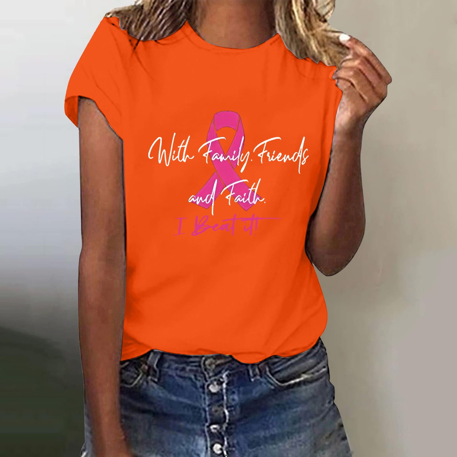 Lroveb Breast Cancer Awareness Shirts for Women Casual Printing Short