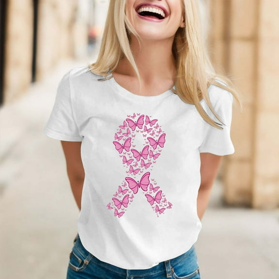 Lroveb Breast Cancer Awareness Shirts for Women Elegant Casual Printed Short Sleeve V Neck T Shirt Tops Pink Ribbon Graphic Tees Hot Pink
