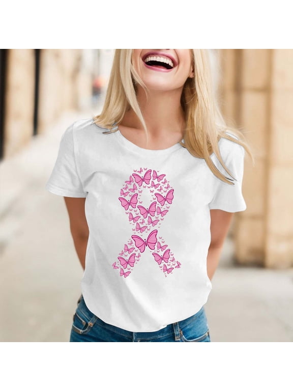 Breast Cancer Awareness Shirts for Women Elegant Casual Printed Short Sleeve V Neck T Shirt Tops Pink Ribbon Graphic Tees Hot Pink