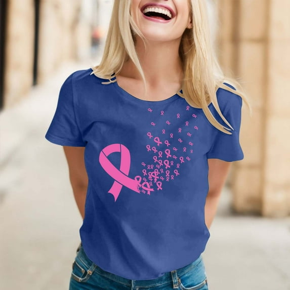 Lroveb Breast Cancer Awareness Shirts for Women Elegant Casual Printed Short Sleeve V Neck T Shirt Tops Pink Ribbon Graphic Tees Navy