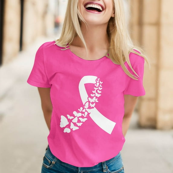 Lroveb Breast Cancer Awareness Shirts for Women Elegant Casual Printed Short Sleeve V Neck T Shirt Tops Pink Ribbon Graphic Tees Pink