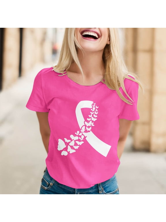Breast Cancer Awareness Shirts for Women Elegant Casual Printed Short Sleeve V Neck T Shirt Tops Pink Ribbon Graphic Tees Pink