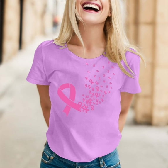 Lroveb Breast Cancer Awareness Shirts for Women Elegant Casual Printed Short Sleeve V Neck T Shirt Tops Pink Ribbon Graphic Tees Purple