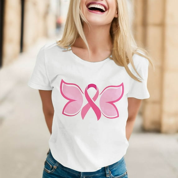 Lroveb Breast Cancer Awareness Shirts for Women Elegant Casual Printed Short Sleeve V Neck T Shirt Tops Pink Ribbon Graphic Tees Rose Gold