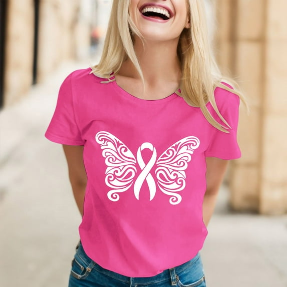 Lroveb Breast Cancer Awareness Shirts for Women Elegant Casual Printed Short Sleeve V Neck T Shirt Tops Pink Ribbon Graphic Tees Watermelon Red