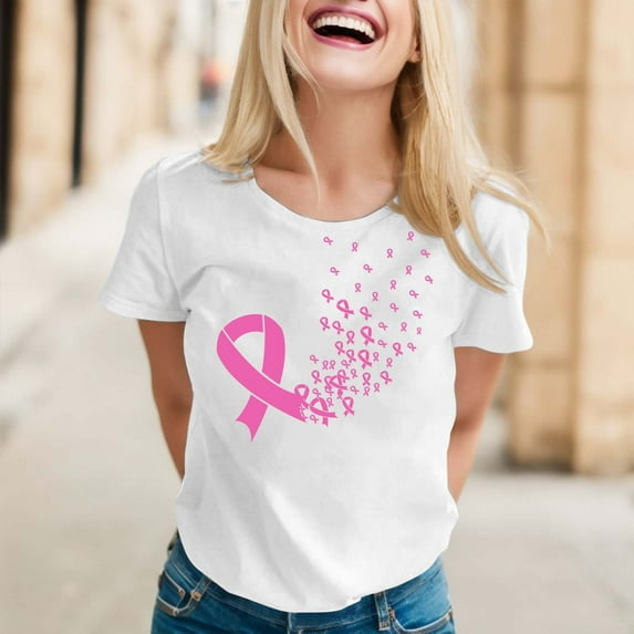 Lroveb Breast Cancer Awareness Shirts for Women Elegant Casual Printed Short Sleeve V Neck T Shirt Tops Pink Ribbon Graphic Tees White