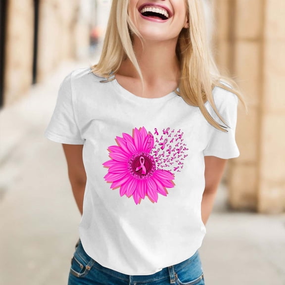 Lroveb Breast Cancer Awareness Shirts for Women Plus Size Elegant Casual Printed Short Sleeve V Neck T Shirt Tops Pink Ribbon Graphic Tees Hot Pink