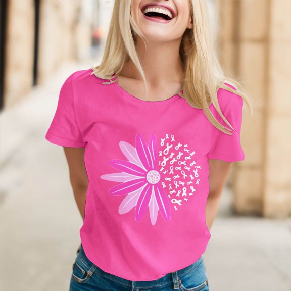 Lroveb Breast Cancer Awareness Shirts for Women Plus Size Elegant Casual Printed Short Sleeve V Neck T Shirt Tops Pink Ribbon Graphic Tees Purple