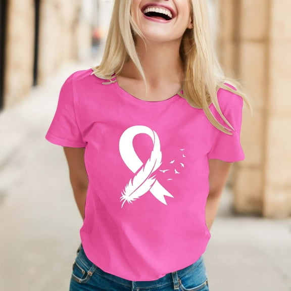 Lroveb Breast Cancer Awareness Shirts for Women Plus Size Elegant Casual Printed Short Sleeve V Neck T Shirt Tops Pink Ribbon Graphic Tees White