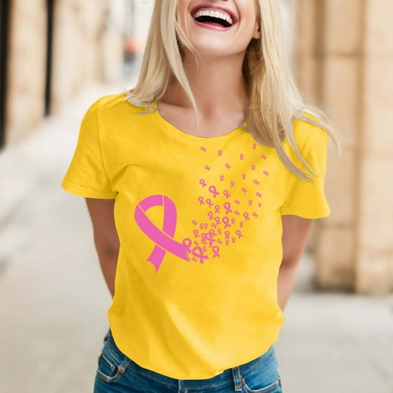 Lroveb Breast Cancer Awareness Shirts for Women Plus Size Elegant Casual Printed Short Sleeve V Neck T Shirt Tops Pink Ribbon Graphic Tees Yellow