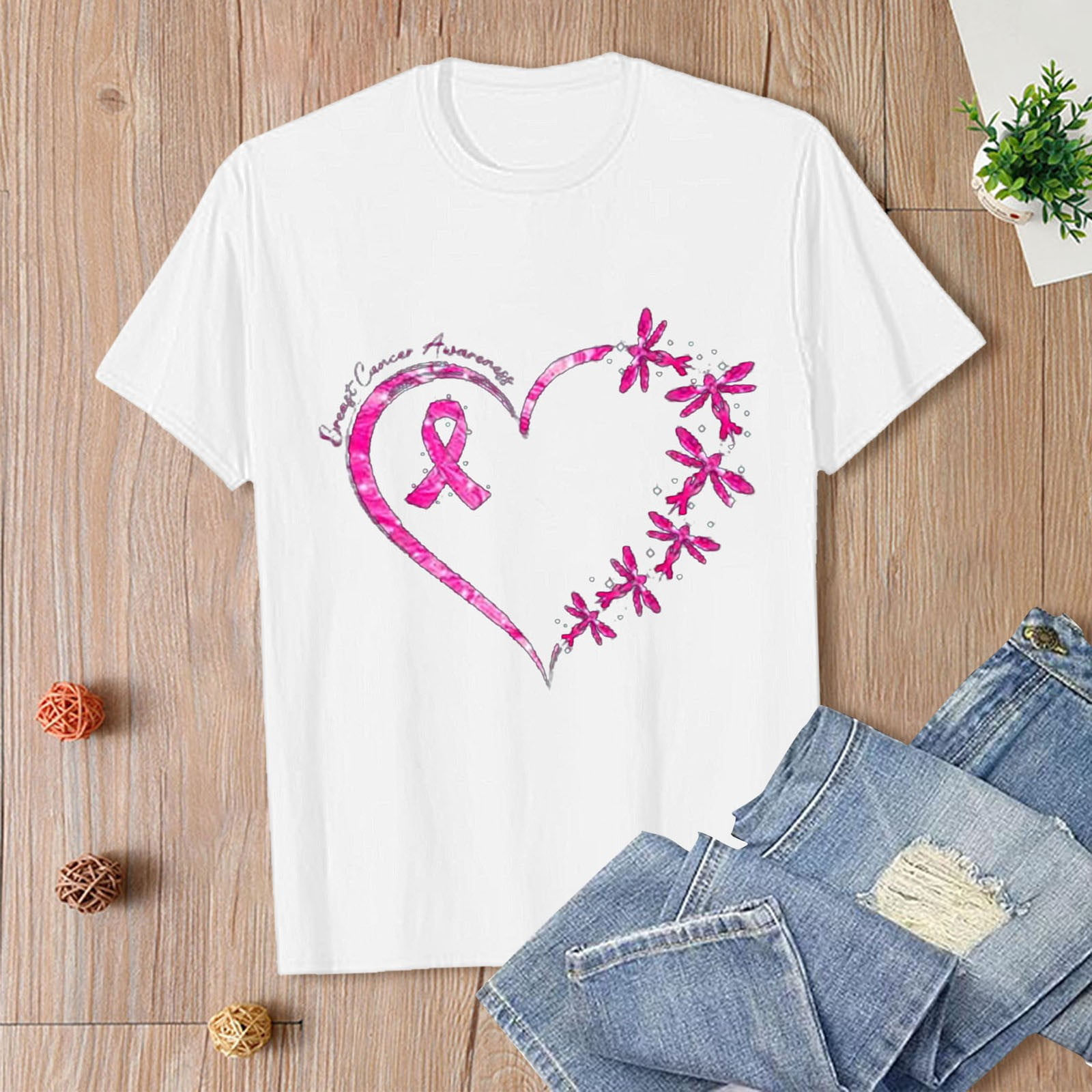 Lroveb Breast Cancer Awareness Shirts for Women Plus Size Womens T Summer Loose Casual Sleeve
