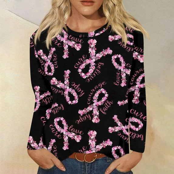 Lroveb Breast Cancer Awareness Shirts for Women T Reast Support Shirt Pink Ribbon Graphic Tees Black