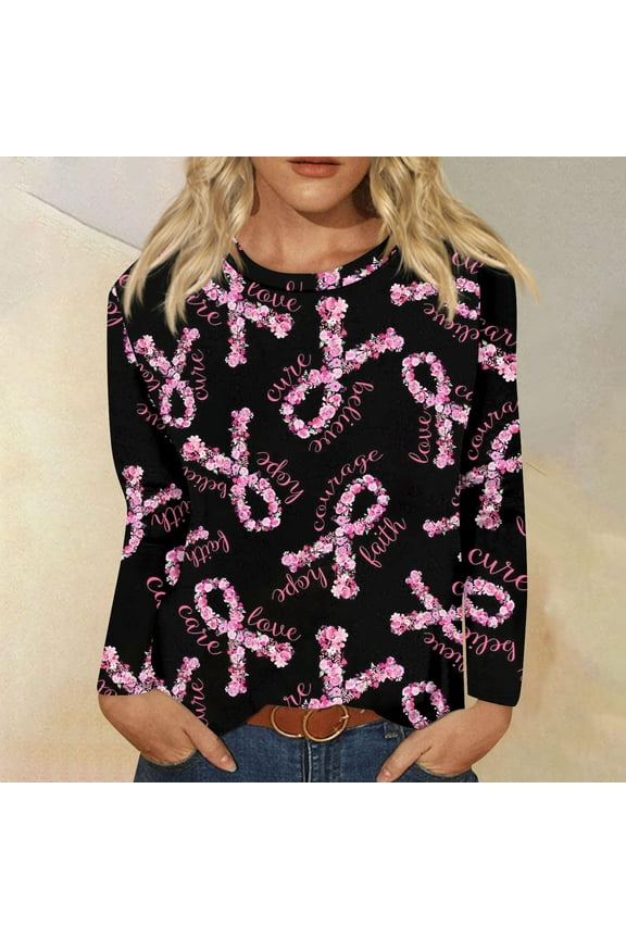 Breast Cancer Awareness Shirts for Women T Reast Support Shirt Pink Ribbon Graphic Tees Black