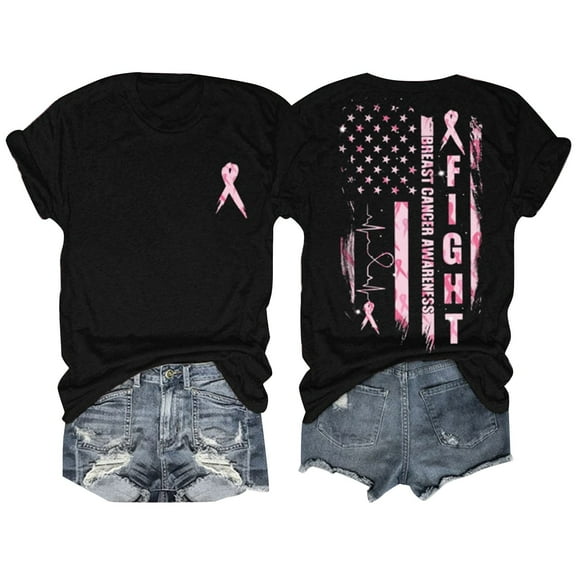 Lroveb Breast Cancer Awareness Shirts for Women T Shirt Pink Ribbon Graphic Tees Black