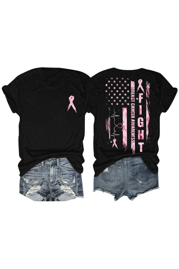 Breast Cancer Awareness Shirts for Women T Shirt Pink Ribbon Graphic Tees Black